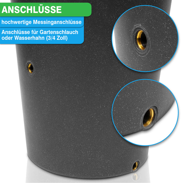 Nahaufnahme einer YourCasa Regentonne 210 Liter [Aquaform] - Frostsicher & Kinderfreundlich mit hochwertigen Messinganschlüssen für 3/4 Zoll Gewinde und einem sicheren Deckel.