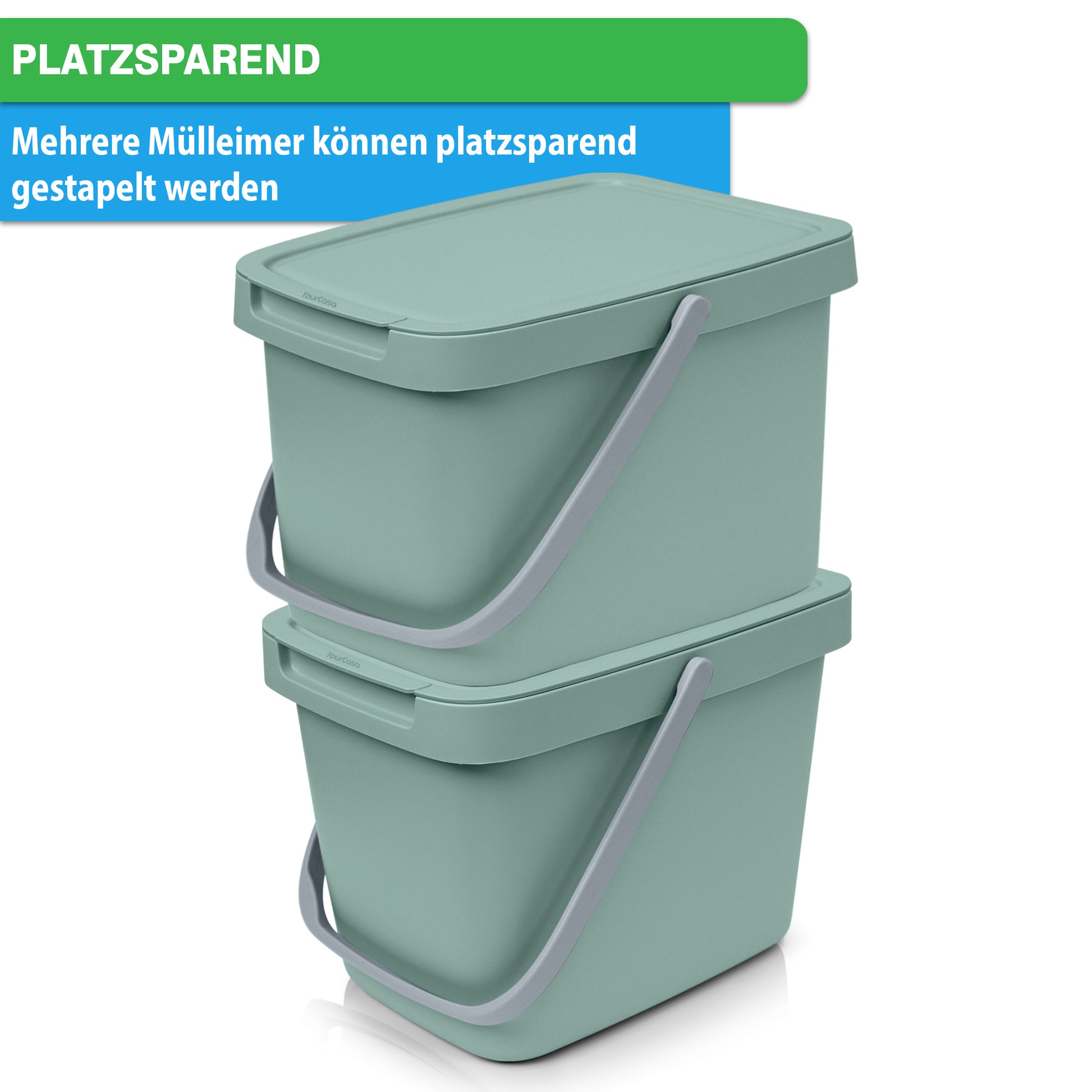 Zwei stapelbare grüne YourCasa®-Aufbewahrungsbehälter mit Griffen und einem platzsparenden Etikett zur Mülltrennung.