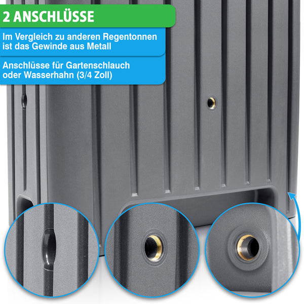 Nahaufnahme der YourCasa Regentonne 280 Liter [UrbanElegance], entworfen durch ein präzises Rotationsverfahren, mit zwei Metalleinlassöffnungen für Gartenschläuche oder Wasserhähne. Drei Einschübe heben das detaillierte Metallgewinde hervor. Der Text erklärt das Gewinde und die Kompatibilität mit Schläuchen, perfekt für Ihre Regenauffangbehälter-Anforderungen von yourcasa-de.