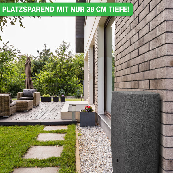 Modernes, frostsicheres YourCasa Regentonne 270 Liter [QuadraFlow Rain] Eckig und schmal neben einem Wohnhaus, platzsparend mit einer Tiefe von nur 38 cm.