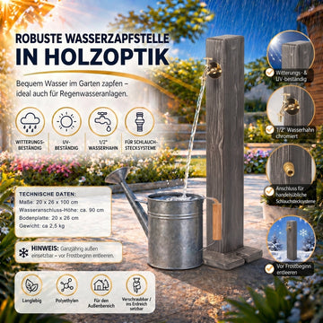 YourCasa Forest Wassersäule Garten Holzoptik – 100 cm Wasserzapfsäule mit Messing-Wasserhahn