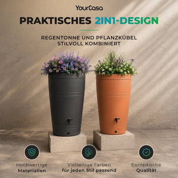 Decore Regentonne 230 Liter – Bepflanzbar | Mit Wasserhahn | Frostsicher