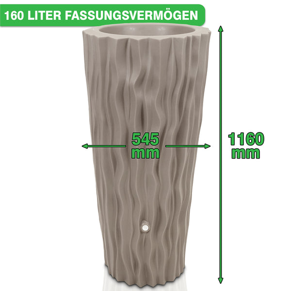 Eine YourCasa Regentonne mit gewelltem Design und 160 Liter Fassungsvermögen zur Regenwassernutzung mit Abmessungen von 1160 mm Höhe und 545 mm Breite.