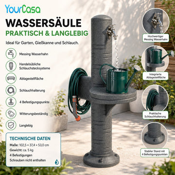 AquaPost Wassersäule Garten – Zapfsäule mit Ablagestellfläche, Chromhahn & Schlauchhalterung | YourCasa