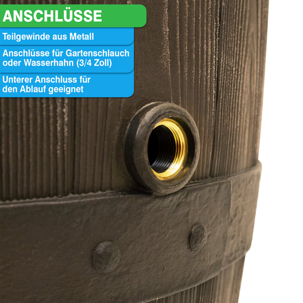 Regenwasserbehälter YourCasa Regentonne 250 Liter [Holz] mit Beschriftung "Anschlüsse" und Hinweis auf ein Teilstück aus Metall für Gartenschlauch oder Wasserhahn-An von yourcasa-de.