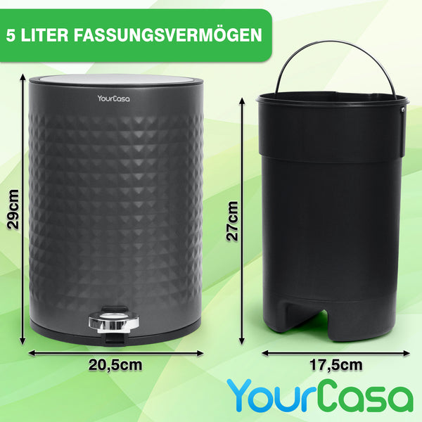 YourCasa® Edelstahl Mülleimer Bad 5L - Pyramiden-Oberflächenstruktur von yourcasa-de, mit Maßangaben und Pedaldesign.