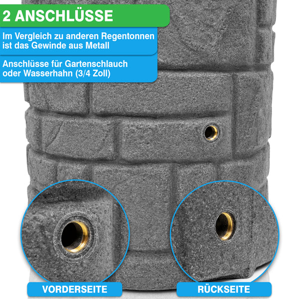 Nahaufnahme einer YourCasa Regentonne [StoneRain] mit zwei Anschlusspunkten für einen Gartenschlauch oder Wasserhahn, hervorgehoben auf der Vorder- und Rückseite.