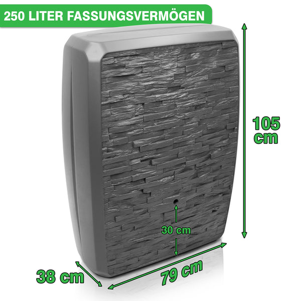 250 Liter Fassungsvermögen YourCasa Regentonne mit den Maßen 105cm Höhe, 79cm Breite und 38cm Tiefe von yourcasa-de.