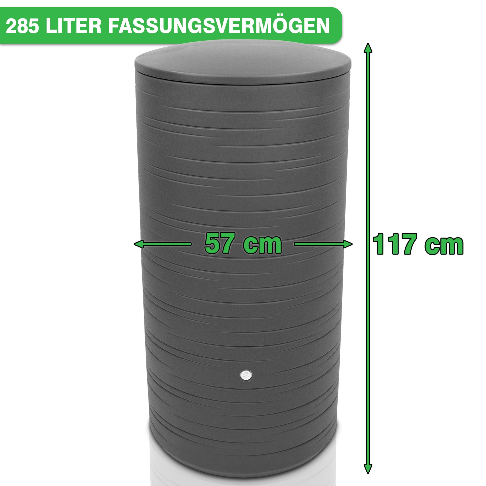 YourCasa Regentonne 280 Liter [PureRain] von yourcasa-de, misst 117 cm in der Höhe und 57 cm im Durchmesser.