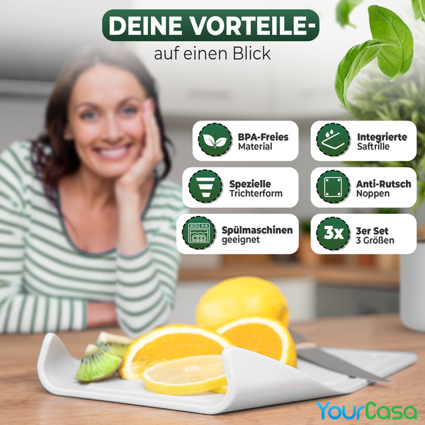 3x Schneidebrett Kunststoff Set - BPA frei -Trichterform & Saftrille - Küchenbrett Rutschfest & Spülmaschinenfest - Cutting Board - Schneidematte Küche Brettchen