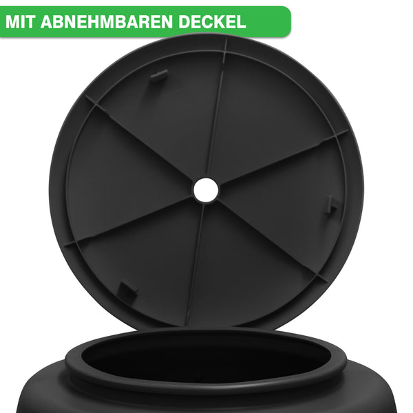 Eine schwarze YourCasa Regentonne [CircleTower] 110L von yourcasa-de mit abgenommenem Deckel, ausgestellt unter einem grünen Banner mit dem deutschen Text „Mit abnehmbaren Deckel“. Diese Regentonne ist perfekt für nachhaltige Bewässerung und hat ein Fassungsvermögen von 110 Litern.