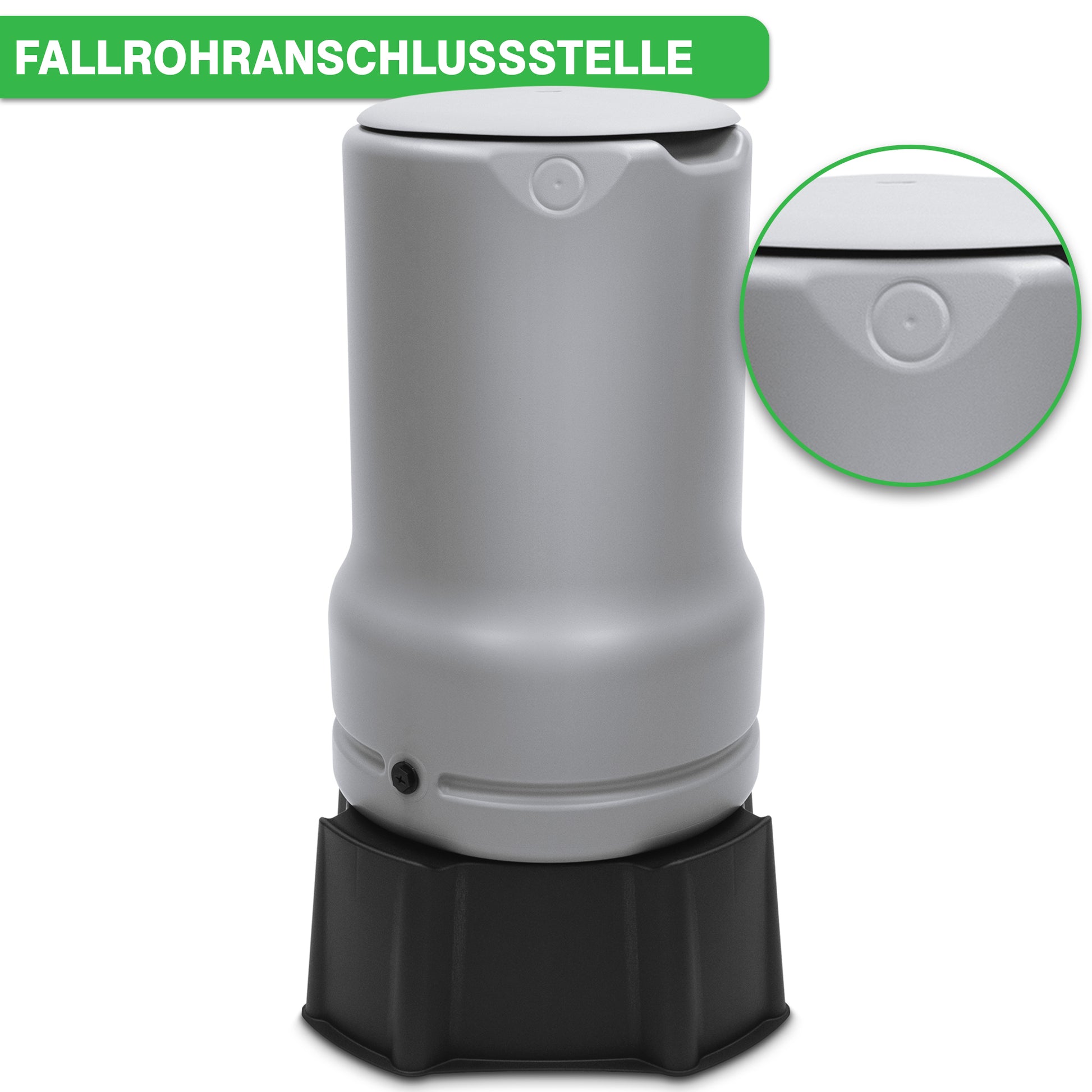 Fallrohr-Regenwasser-Umlenkanschluss für YourCasa Regentonne [RainBell] mit Standfuß, Deckel & Wasserhahn vor weißem Hintergrund.