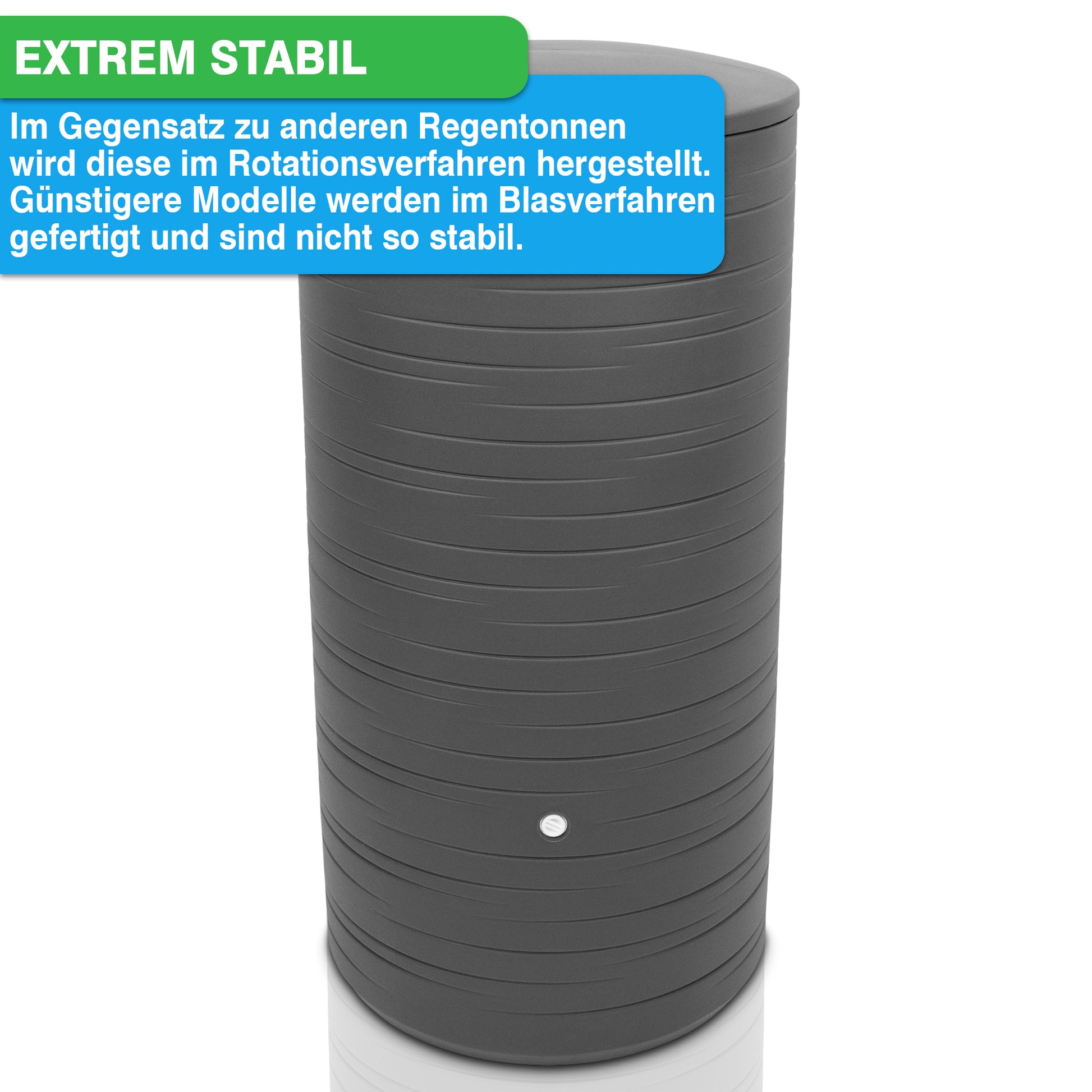 Ein Bild einer YourCasa Regentonne 280 Liter [PureRain] mit Metallgewinde und Deckel mit der Aufschrift „extreme stabil“.