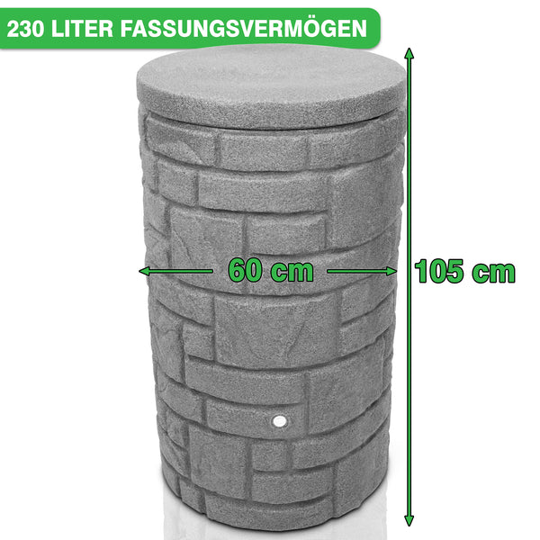 Eine YourCasa Regentonne [StoneRain] mit einer 230-Liter-Kapazität, die 105 cm Höhe und 60 cm Durchmesser misst.