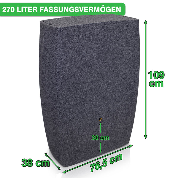 Freistehender großer, frostsicherer YourCasa Regentonne 270 Liter [QuadraFlow Rain] Eckig und schmal mit den Abmessungen 76,5 cm in der Breite, 30 cm in der Tiefe.