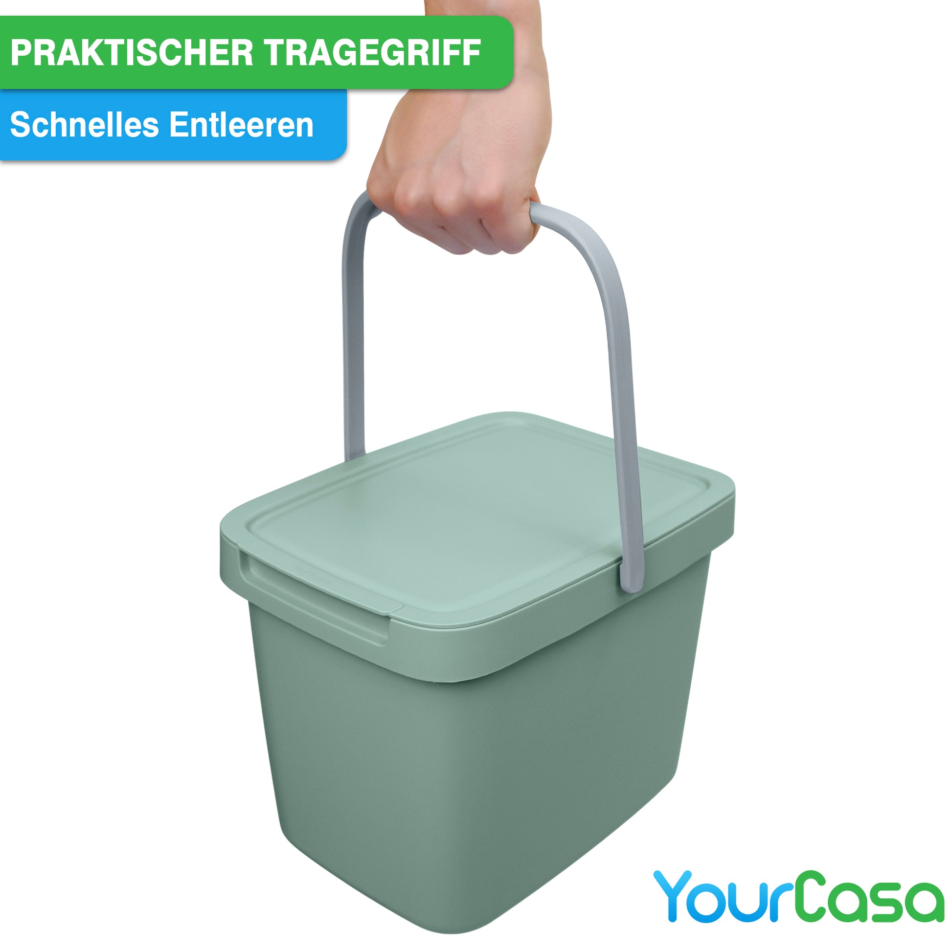 Grüner YourCasa® Biomülleimer Küche – 6L mit Deckel und praktischem Tragegriff, inklusive Müllbeutelfixierung – yourcasa-de Branding.