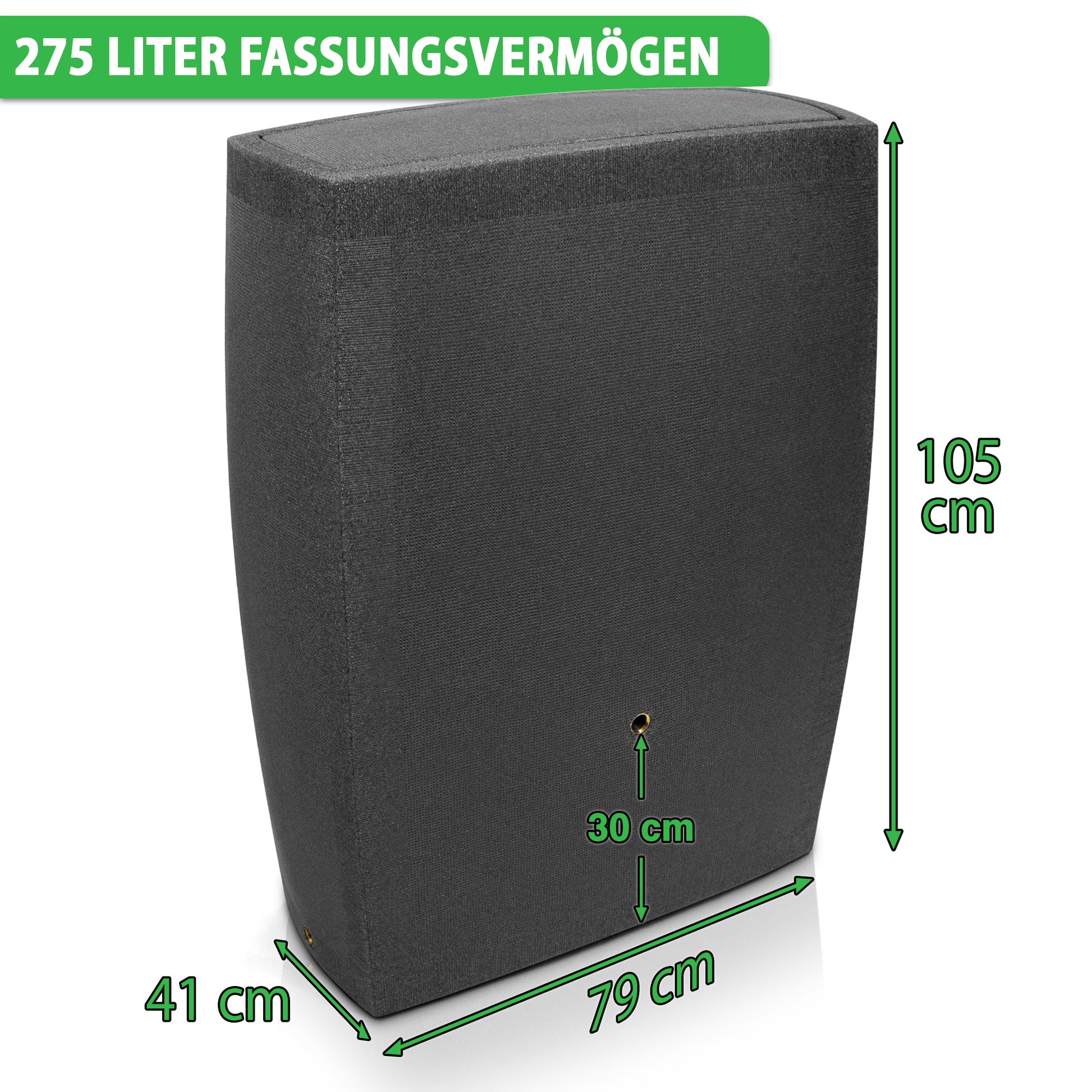 Großer schwarzer Lautsprecher mit den Maßen: 105 cm Höhe, 79 cm Breite, 41 cm Tiefe und einem Volumen von 275 Litern YourCasa Regentonne
[yourcasa-de].