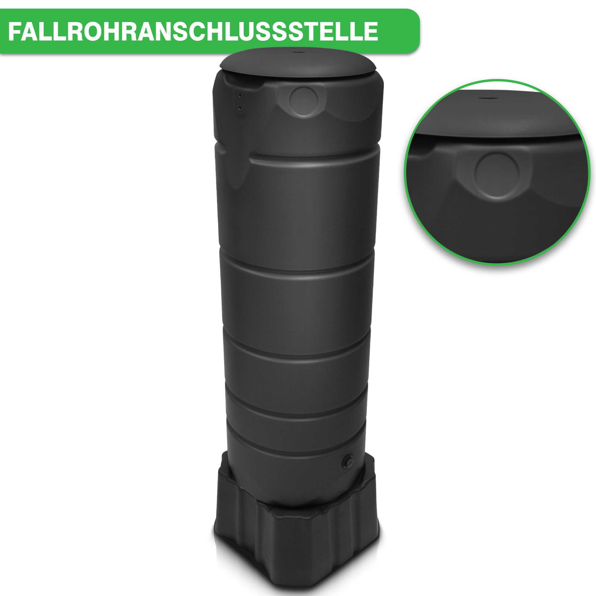 Unter dem deutschen Label „Fallrohranschlussstelle“ wird ein schwarzer zylindrischer YourCasa Regentonne [CircleTower] 110L mit Standfuß, Deckel & Wasserhahn gezeigt. Das Fass mit einem Fassungsvermögen von 110 Litern verfügt über einen Deckel und einen Ausgießer. Ein Naheinschub hebt den Verbindungspunkt hervor und zeigt eine ideale Lösung für eine nachhaltige Bewässerung.