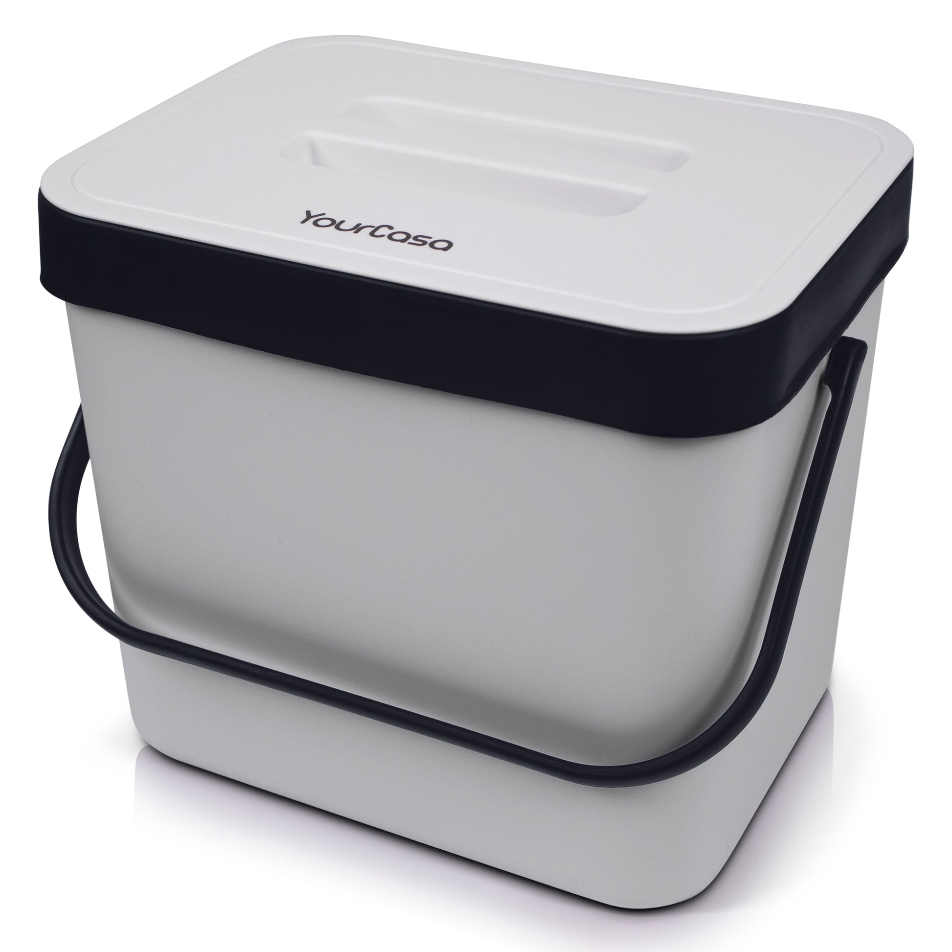 Eine weiß-schwarze YourCasa® Biomülleimer Küche 7L mit Halterung und Sieb auf einer weißen Oberfläche.