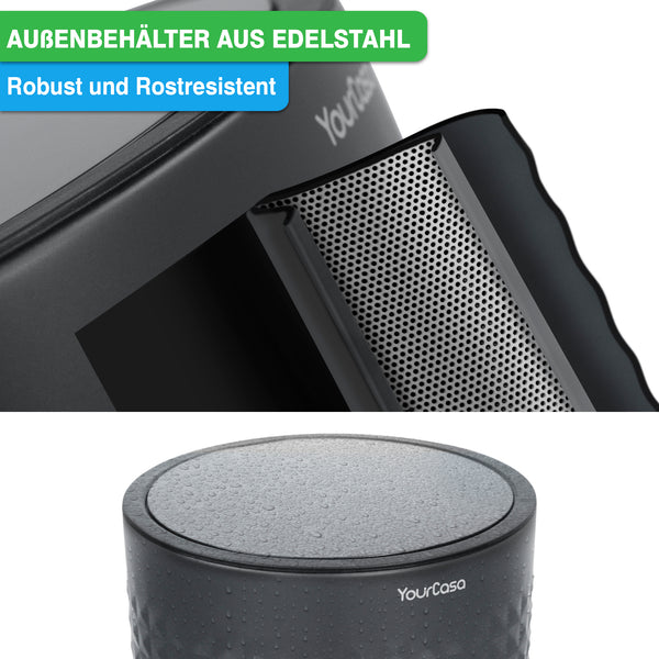 Detailansicht eines schwarzen YourCasa® Edelstahl Mülleimers Bad 5L – Pyramiden-Oberflächenstruktur mit Text, die Robustheit und Rostbeständigkeit hervorhebt.