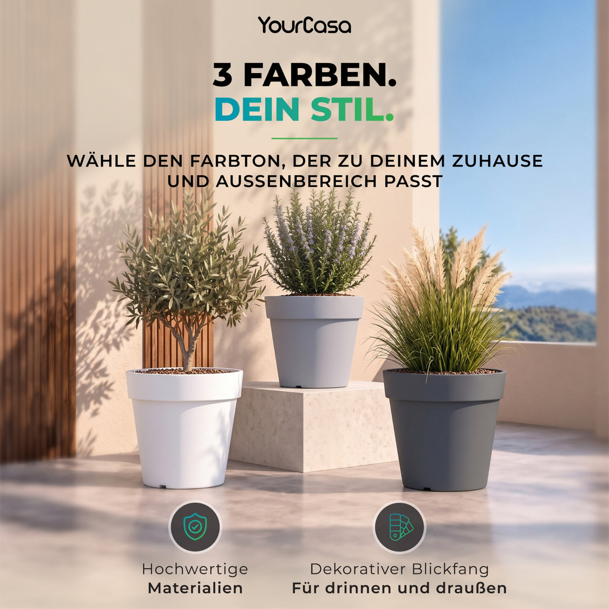 TERRA Blumentöpfe in Weiß, Graphite und Anthrazit mit Olivenbaum, Rosmarin und Pampasgras