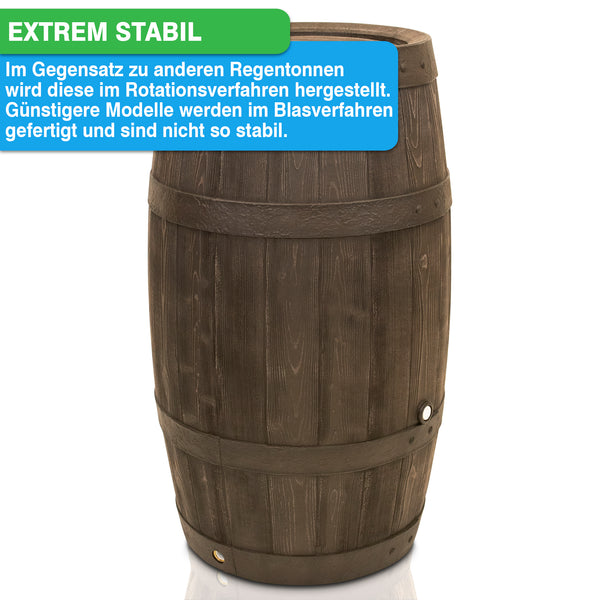 YourCasa Regentonne 250 Liter [Holz] mit deutschem Text, der die extreme Stabilität und die Produktionsmethode im Gegensatz zu anderen Herstellungsverfahren hervorhebt und feststellt, dass billigere Modelle, die im Blasformverfahren hergestellt werden, weniger stabil sind. Diese UV-beständige Wasserf