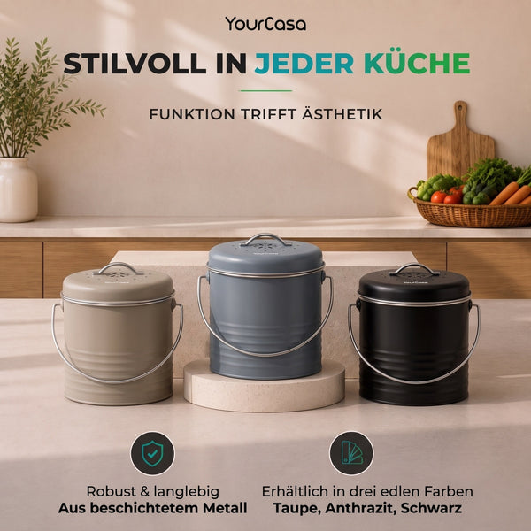 YourCasa Biomülleimer Kora – 4 Liter, Metall, mit Aktivkohlefilter