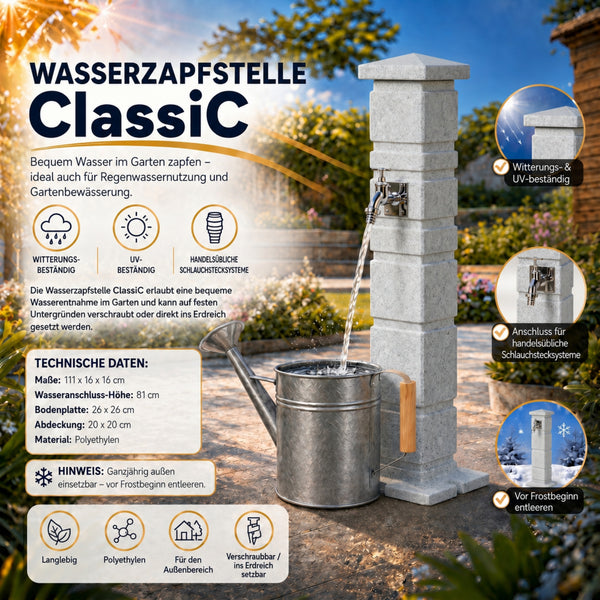Classic Wassersäule Garten Granit-Optik – 111 cm Römische Wasserzapfsäule mit 3/4-Hahn & Aufbewahrungsbox