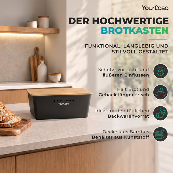 Brot-Frischhaltebox in Schwarz mit Bambusdeckel in moderner Küche