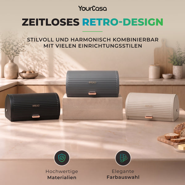 Brotkasten im Retro-Design in Schwarz, Anthrazit und Creme auf Küchenarbeitsplatte