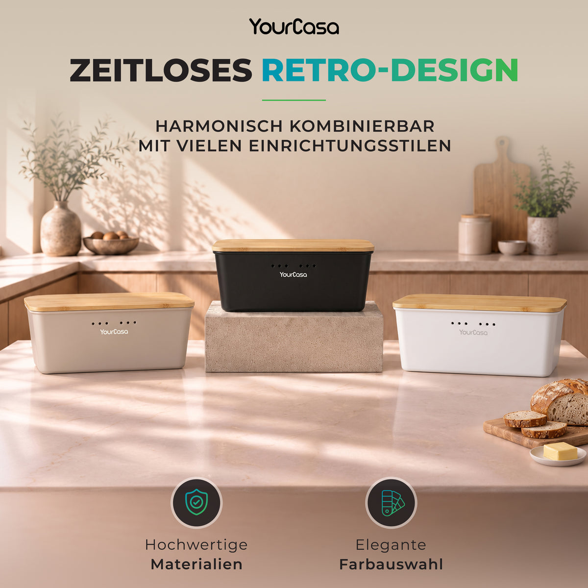 Drei Brotkästen im Retro-Design in Beige, Schwarz und Weiß