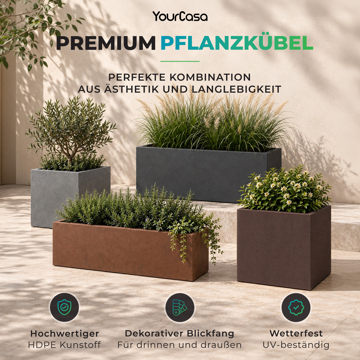 YourCasa Cubla Pflanzkübel-Serie in Stone, Anthrazit, Rust und Corten mit Olivenbaum, Gräsern und Rosmarin auf der Terrasse