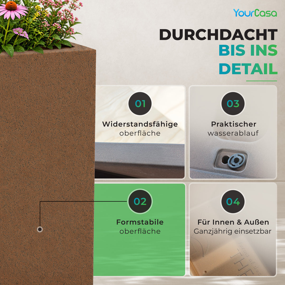 Cubla Pflanzkübel Details: widerstandsfähige, formstabile Oberfläche und Wasserablauf mit Stopfen im Boden