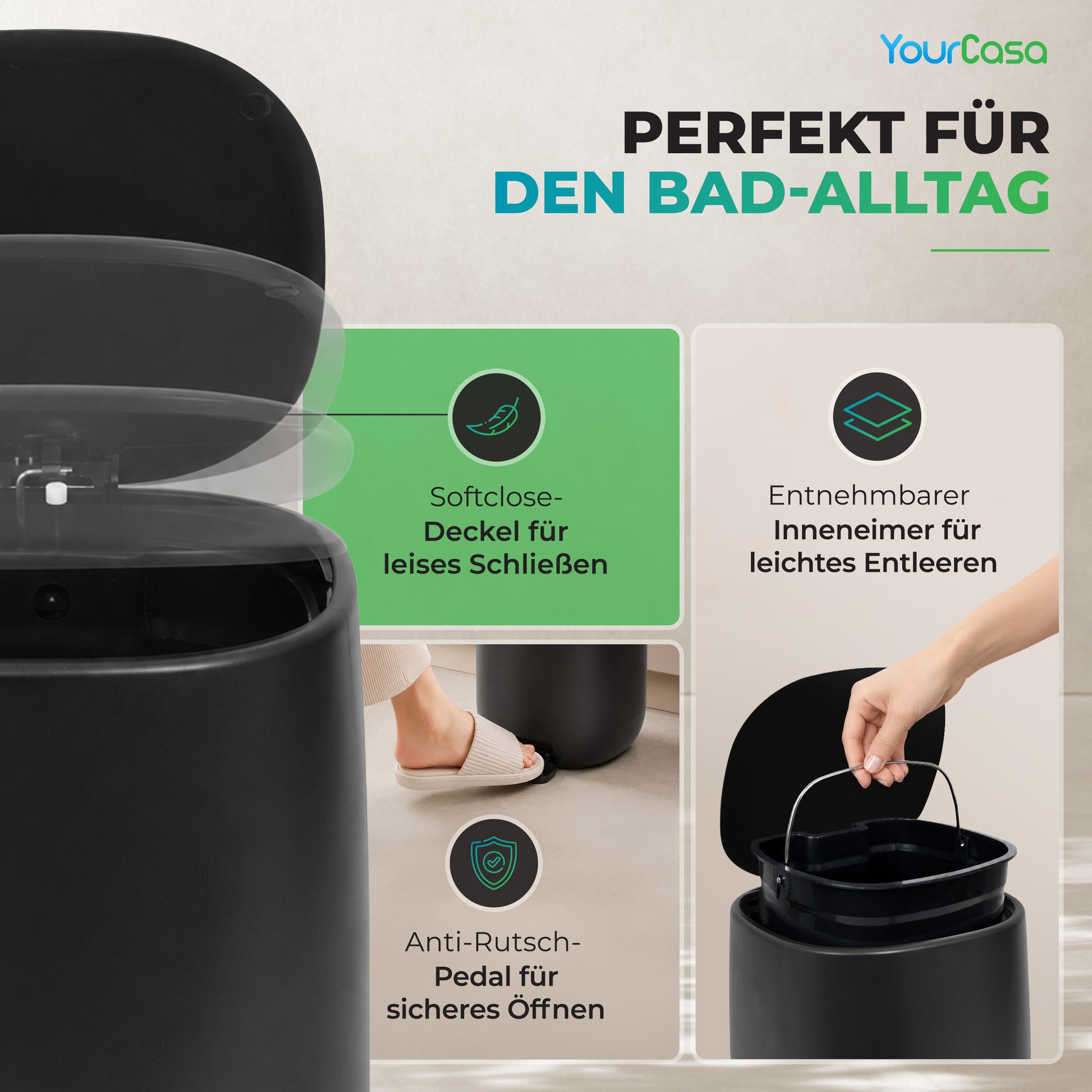 Mülleimer mit Softclose-Deckel und Anti-Rutsch-Pedal für das Bad