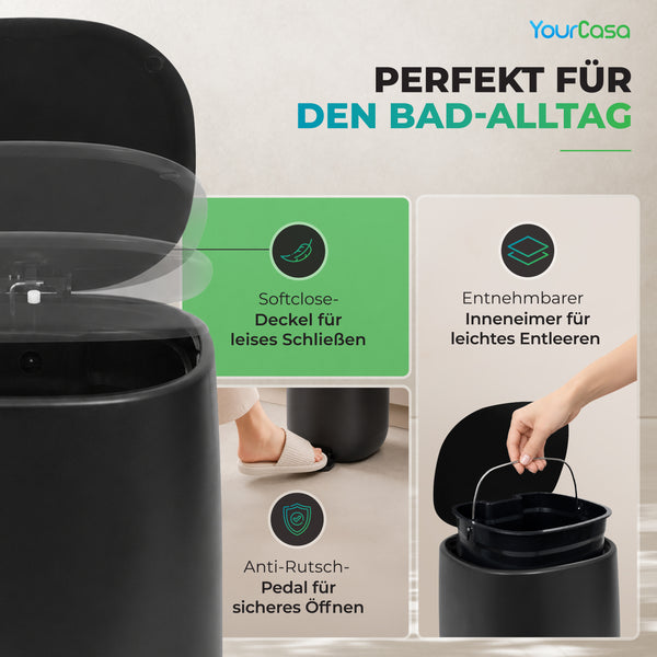 Mülleimer mit Softclose-Deckel und Anti-Rutsch-Pedal für das Bad