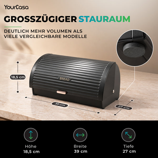 Brotbox mit Maßangaben 39 x 27 x 18,5 cm und Antirutsch-Standfüßen