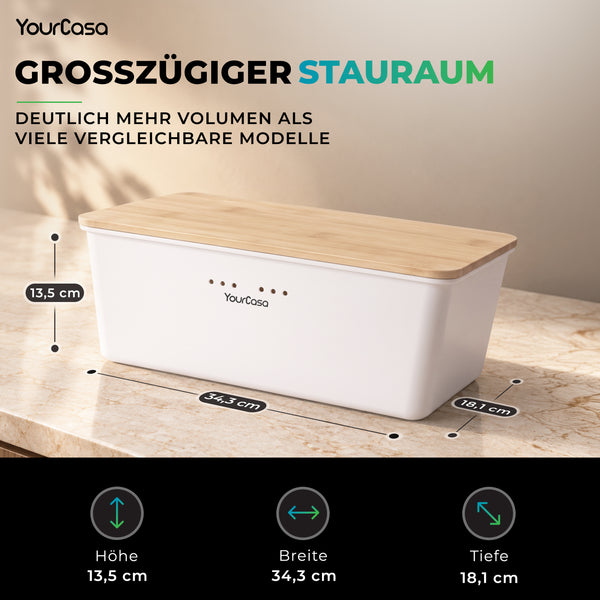 Brotbehälter mit Maßangaben: 34,3 cm breit, 18,1 cm tief, 13,5 cm hoch