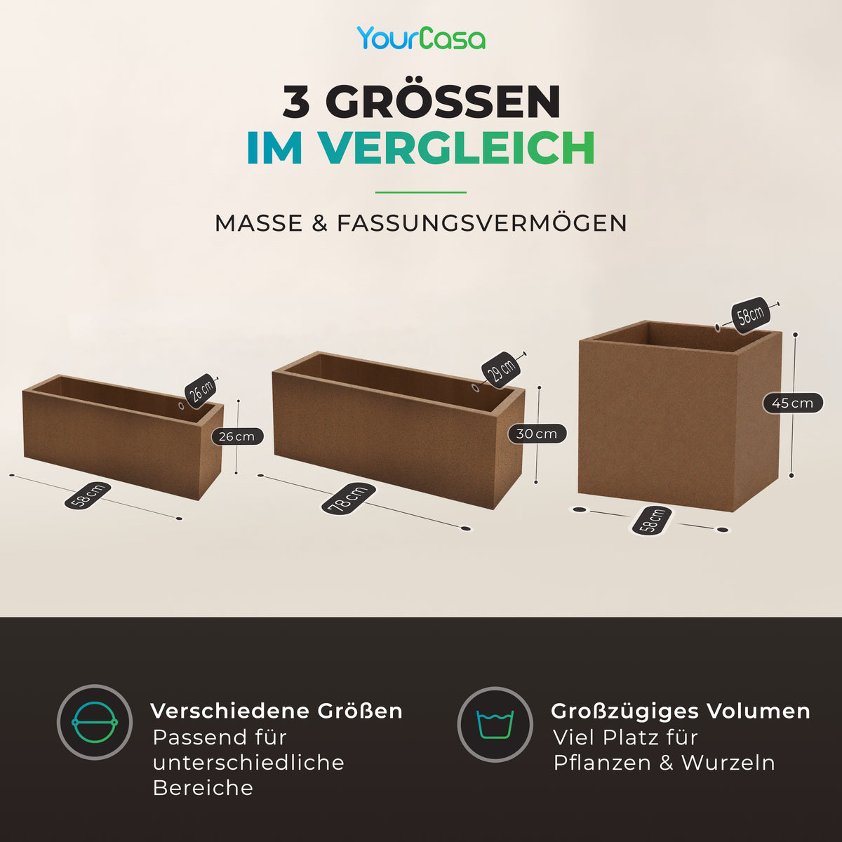 Cubla Pflanzkübel Maße im Vergleich: 58 × 26 × 26 cm, 78 × 29 × 30 cm und 58 × 58 × 45 cm