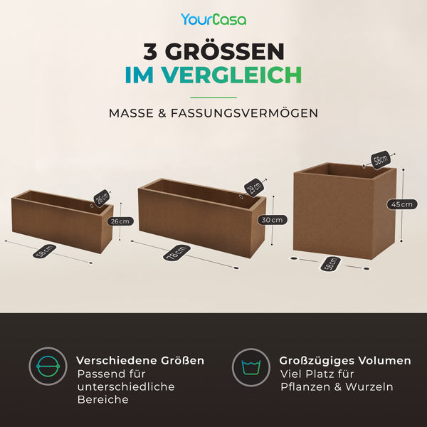 Cubla Pflanzkübel Maße im Vergleich: 58 × 26 × 26 cm, 78 × 29 × 30 cm und 58 × 58 × 45 cm