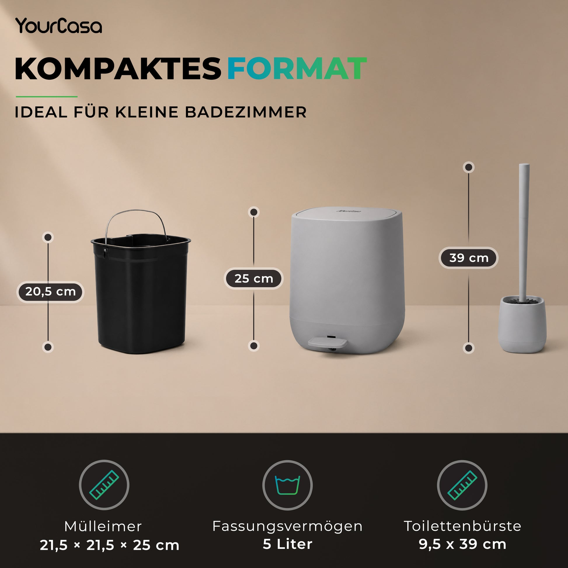 Kompakter 5 Liter Badmülleimer und Toilettenbürste im Größenvergleich