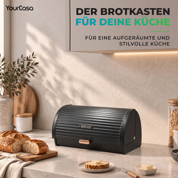 Schwarzer Brotkasten aus Metall mit BREAD-Schriftzug in moderner Küche
