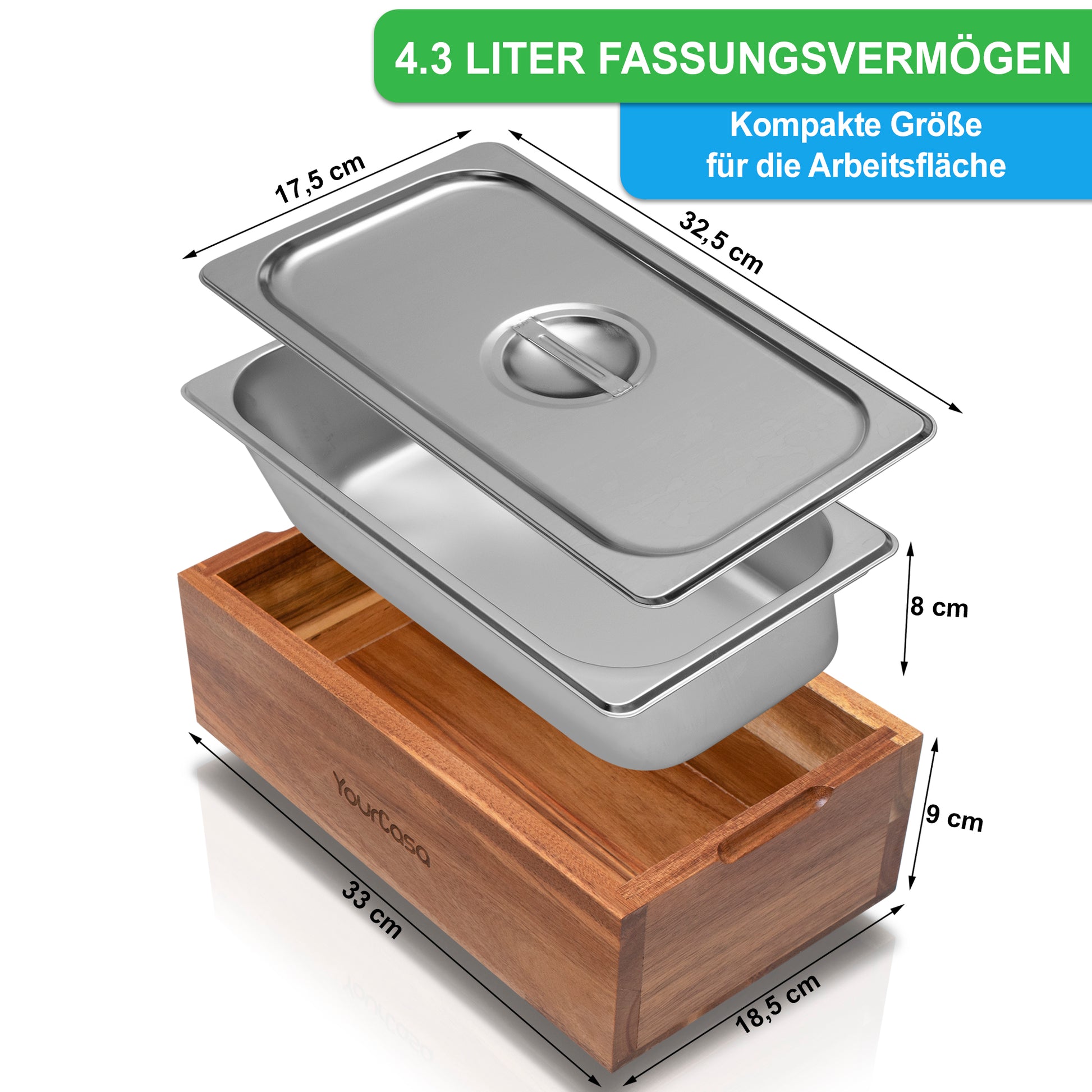 Ein YourCasa® Komposteimer - Echtholz - Edelstahl - für alltäglichen Biomüll in der Küche - Spülmaschinenfest - herausnehmbarer Einsatz mit einer Edelstahlschale im Inneren, Spülmaschinentauglich und Komposter.