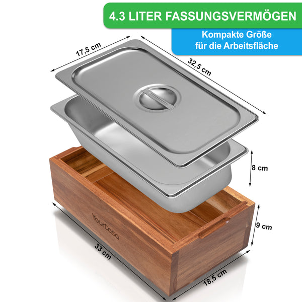 YourCasa® Edelstahl-Speisetopf mit Deckel und Holzboden mit den Maßen und 4,3 Liter Fassungsvermögen.