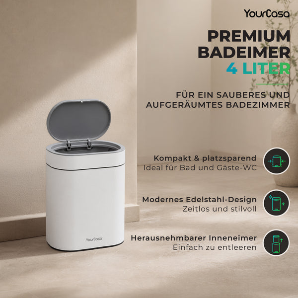 YourCasa Badeimer 4L mit Deckel – Mülleimer Bad Stahlgehäuse, Push-Deckel & herausnehmbarem Inneneimer, ideal als Kosmetikeimer fürs Badezimmer & Gäste-WC