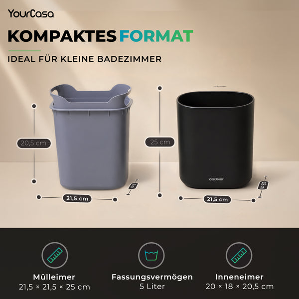YourCasa Badeimer 4L mit Deckel – Mülleimer Bad Stahlgehäuse, Push-Deckel & herausnehmbarem Inneneimer, ideal als Kosmetikeimer fürs Badezimmer & Gäste-WC