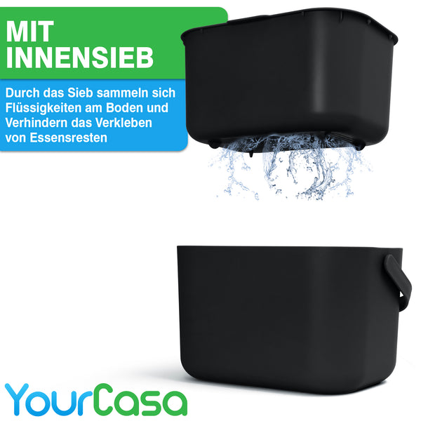 YourCasa® Composteur Cuisine 7L Avec Support Et Tamis - Poubelle à Compost Hermétique Lavable Au Lave-Vaisselle (Anthracite)