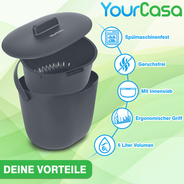 YourCasa® Biomülleimer Küche 6L - Spülmaschinenfest & geruchsdicht + Innensieb