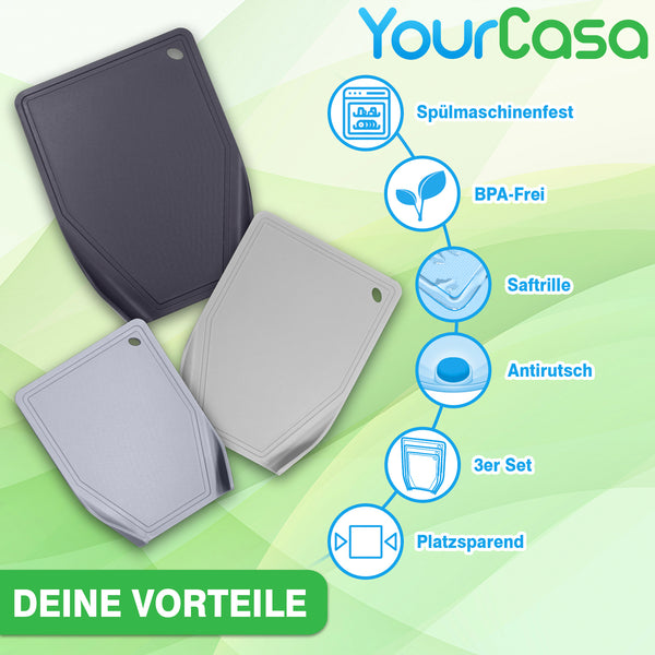 3x Schneidebrett Kunststoff Set - BPA frei -Trichterform & Saftrille - Küchenbrett Rutschfest & Spülmaschinenfest - Cutting Board - Schneidematte Küche Brettchen