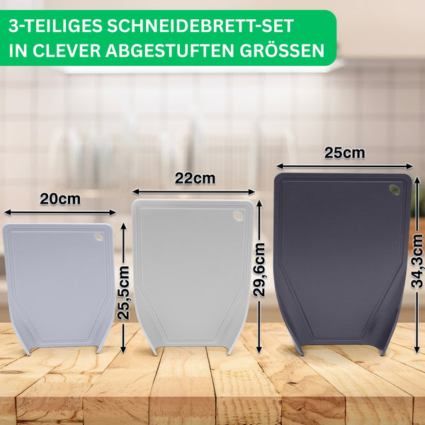 3x Schneidebrett Kunststoff Set - BPA frei -Trichterform & Saftrille - Küchenbrett Rutschfest & Spülmaschinenfest - Cutting Board - Schneidematte Küche Brettchen