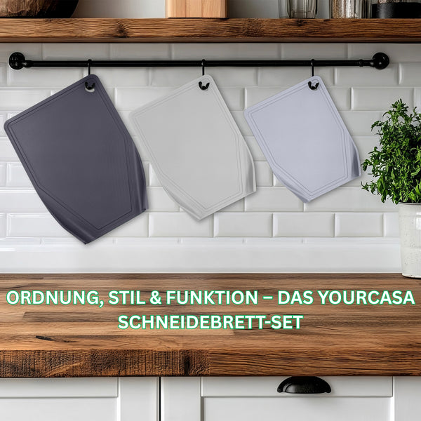 3x Schneidebrett Kunststoff Set - BPA frei -Trichterform & Saftrille - Küchenbrett Rutschfest & Spülmaschinenfest - Cutting Board - Schneidematte Küche Brettchen